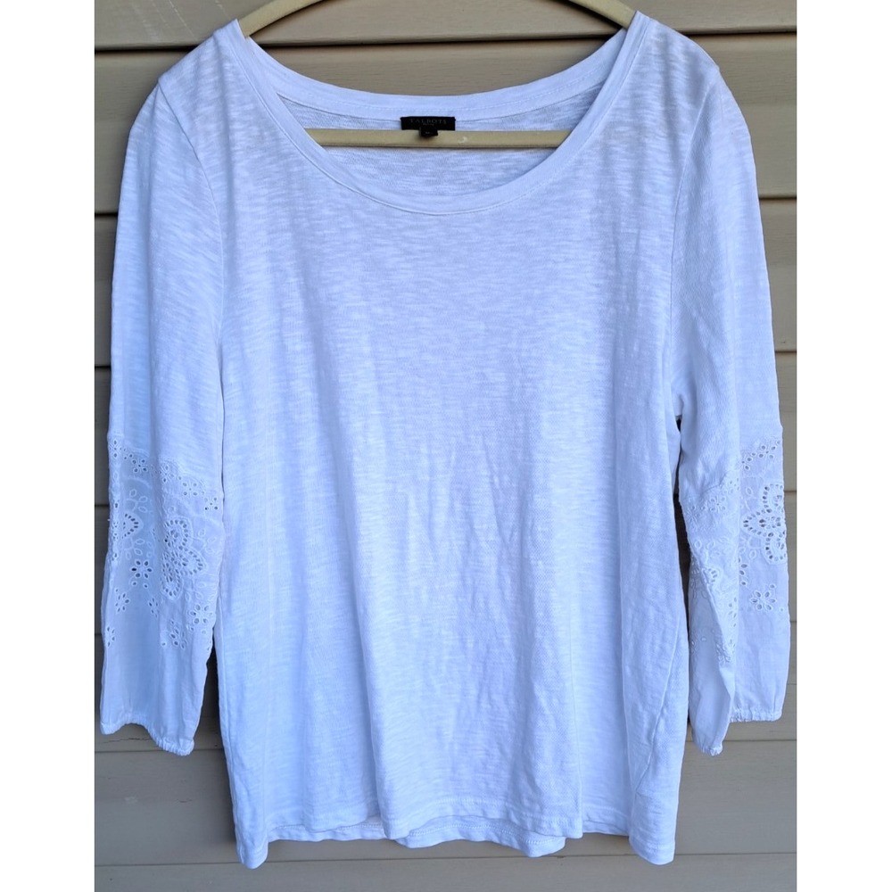 Talbots Women's Cotton White Scoop Neck Eyelet Embroidered Sleeves Top Blouse Mp